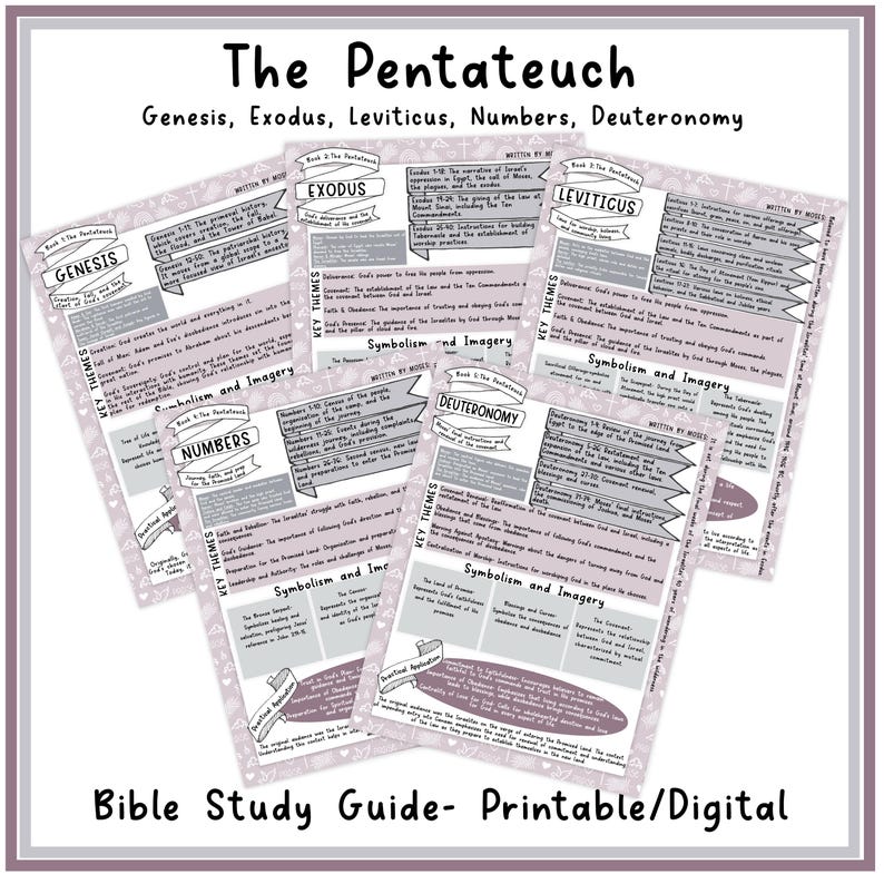 May include: A printable Bible study guide for the Pentateuch, which includes the books of Genesis, Exodus, Leviticus, Numbers, and Deuteronomy. The guide features key themes, symbolism, and imagery for each book.