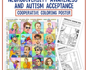 Projet d'affiche à colorier coopérative de sensibilisation à la neurodiversité | Mois de l'acceptation de l'autisme | Activité neurodivergente TDAH Tourettes Dyslexie