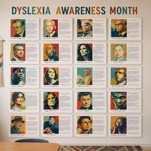 Peut inclure: Une exposition murale pour le Mois de la sensibilisation à la dyslexie, présentant des portraits de personnalités notables. Les portraits sont disposés en grille, avec du texte en dessous. Une affiche encadrée avec "Neurodiversité est Force" est également visible.