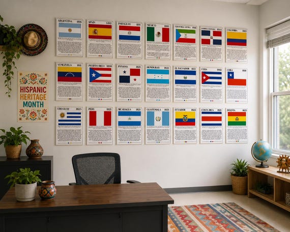Hispanic Heritage Month Flag Bulletin Board | Hispanic Country Poster Set | Middle School Decor Set | Fun Flags Posters & Bios | September