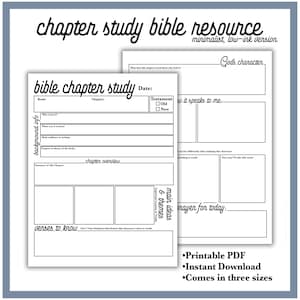 Puede incluir: Dos páginas imprimibles de estudio bíblico en PDF con un diseño minimalista de tinta baja. Las páginas incluyen secciones para la descripción general del capítulo, las ideas principales y los versículos a conocer. El texto en la imagen incluye "chapter study bible resource".