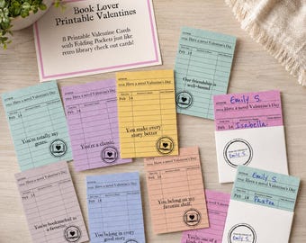 Book Lover Valentine Cards | Library Book Check out Card Valentines Printable | Librarian, ELA Reading Teacher Digital Valentines for Kids