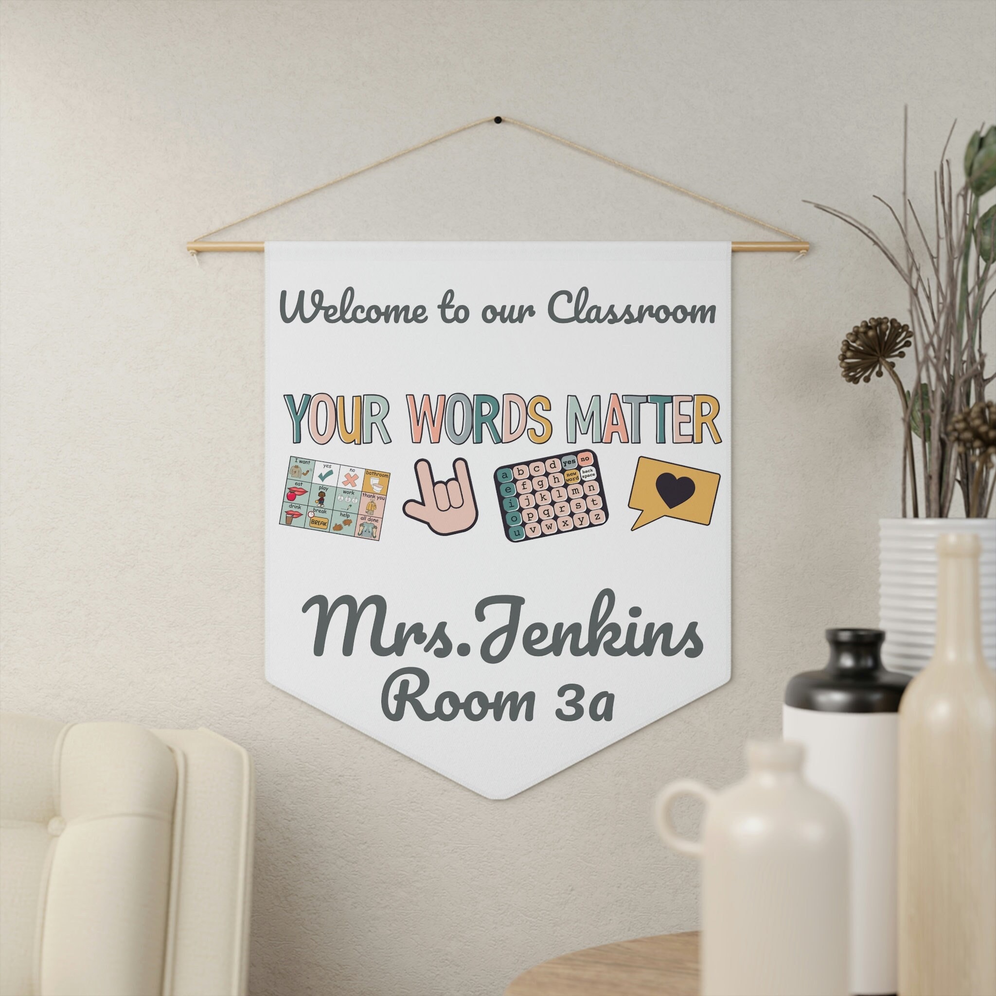 Personalized Teacher Door Sign | Your Words Matter AAC Custom Name Classroom Special Education Hanger | Welcome to our Class Gift | SPED