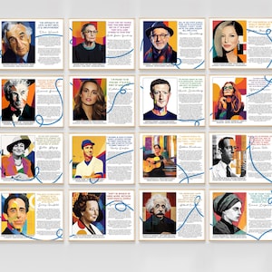 May include: A collage of colorful portraits of famous people with quotes from them. The portraits are in a pop art style with bold colors and outlines. The quotes are in white text on a black background.