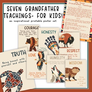 7 enseñanzas sagradas para niños / Pósteres de las siete enseñanzas de los abuelos / Juego de pósteres de animales indígenas / Tablón de anuncios de los 7 nativos americanos