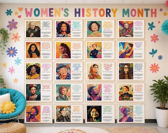 May include: A wall display celebrating Women's History Month, featuring framed portraits of influential women with inspirational quotes. The colorful arrangement includes floral decorations and the text "WOMEN'S HISTORY MONTH" across the top.