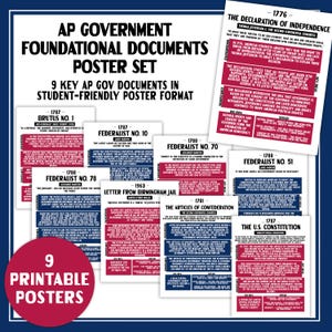 May include: A poster set featuring nine key AP Government foundational documents. The posters include the Declaration of Independence, the U.S. Constitution, and the Federalist Papers. The set is designed in a student-friendly format with a red circle that says "9 Printable Posters".