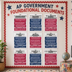 Pode incluir: Uma exposição na sala de aula com nove documentos emoldurados com esquemas de cores vermelho, branco e azul. O texto na tela diz "AP Government Foundational Documents" e inclui documentos históricos como a Declaração de Independência.