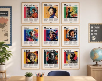 Puede incluir: Nueve impresiones artísticas enmarcadas que presentan retratos de mujeres notables, cada una con un fondo colorido y el nombre del sujeto en la parte superior. Las impresiones están dispuestas en una pared blanca, creando una exhibición tipo galería. También se ve un mapa del mundo y un globo.