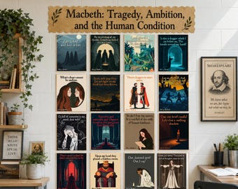 May include: A collection of sixteen rectangular art prints arranged in a grid, each featuring a scene and quote from Shakespeare's Macbeth. A header banner reads: Macbeth: Tragedy, Ambition, and the Human Condition. Each print depicts a specific act and scene.
