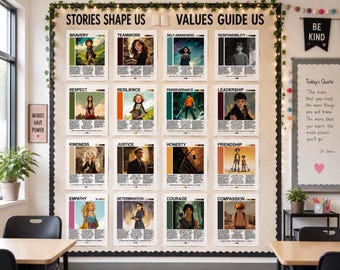 以下が含まれることがあります： Stories Shape Us Values Guide Usというタイトルの教室用掲示板。Bravery、Teamwork、Resilienceなどのテキストラベルとキャラクターイラストが描かれた16枚のポスターが、緑の蔦とフェアリーライトで縁取られています。
