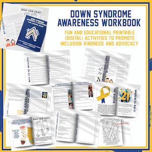 May include: A printable workbook with colorful pages and activities to promote awareness of Down syndrome. The workbook includes activities like word searches, coloring pages, and information about famous people with Down syndrome. The cover features the text "Down Syndrome Awareness Workbook" in yellow and blue.