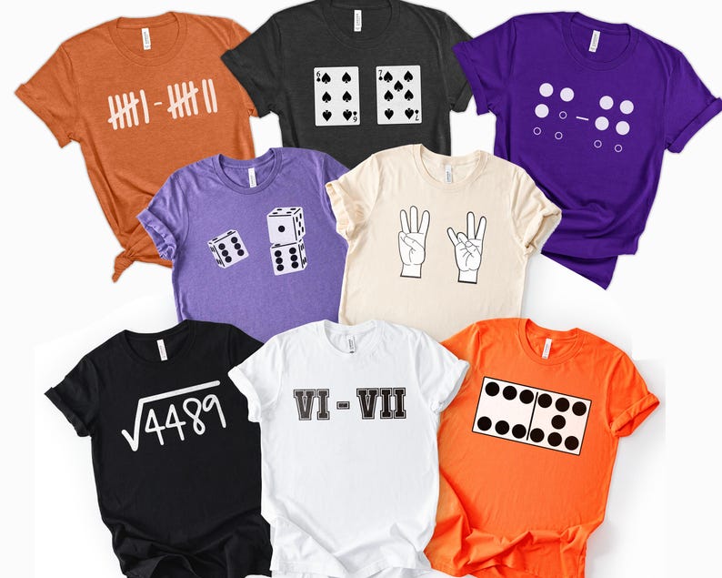 May include: A collection of eight short-sleeved t-shirts in various colors including orange, black, purple, and cream. Each shirt features a unique graphic design related to numbers, including tally marks, playing cards, dice, hand signs, and math equations.