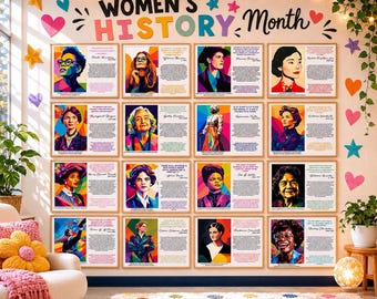 May include: A wall display for Women's History Month featuring sixteen framed posters. Each poster includes a colorful pop-art style portrait of a historical woman alongside a biographical text summary. The display is decorated with paper stars and hearts.