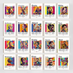 以下が含まれることがあります： 鮮やかなポップアートスタイルで描かれた、有名な人々の肖像画が特徴の、額装された20点の美術プリントのコレクション。対象には、Sia、Charles、Greta、Lionel、Billie、Anthony、Emma、Albert、Whoopi、Tom、Temple、Bill、Emily、Daniel、Walt、Michelangelo、Dan、Elon、Paddy、Timが含まれます。
