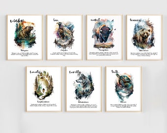 7 Sacred Teachings | Seven Grandfather Teachings Artwork | Indigenous Animals Watercolor Poster Set Art | 7 Native American Bulletin Board