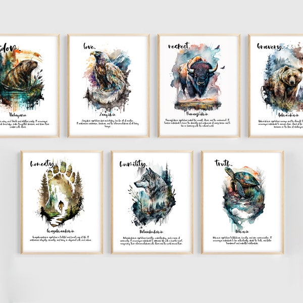 7 Sacred Teachings | Seven Grandfather Teachings Artwork | Indigenous Animals Watercolor Poster Set Art | 7 Native American Bulletin Board