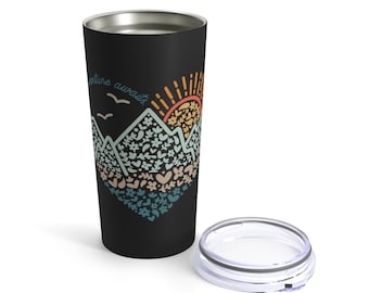 Adventure Awaits Heart Travel Tumbler Mug | Wanderlust Outdoors Mountains Hiking Camping Travel Cup | Gift for Nature Lover