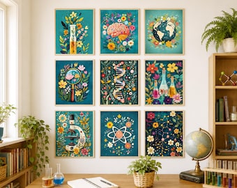 Science Class Posters | Floral Science Printable Art Gallery Wall | Science Teacher Bulletin Board | Biology Earth Science Chemistry Class