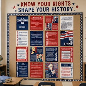 Pode incluir: Um quadro de avisos na sala de aula com cartazes educativos sobre a Constituição dos EUA. Os cartazes são vermelhos, brancos e azuis, com texto como "Know Your Rights Shape Your History" e "We the People". Uma bandeira americana está pendurada na parede.
