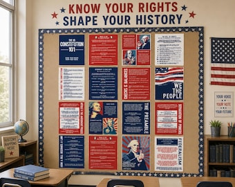 Puede incluir: Un tablón de anuncios en el aula con carteles educativos sobre la Constitución de los Estados Unidos. Los carteles son rojos, blancos y azules, con texto como "Know Your Rights Shape Your History" y "We the People". Una bandera estadounidense cuelga de la pared.