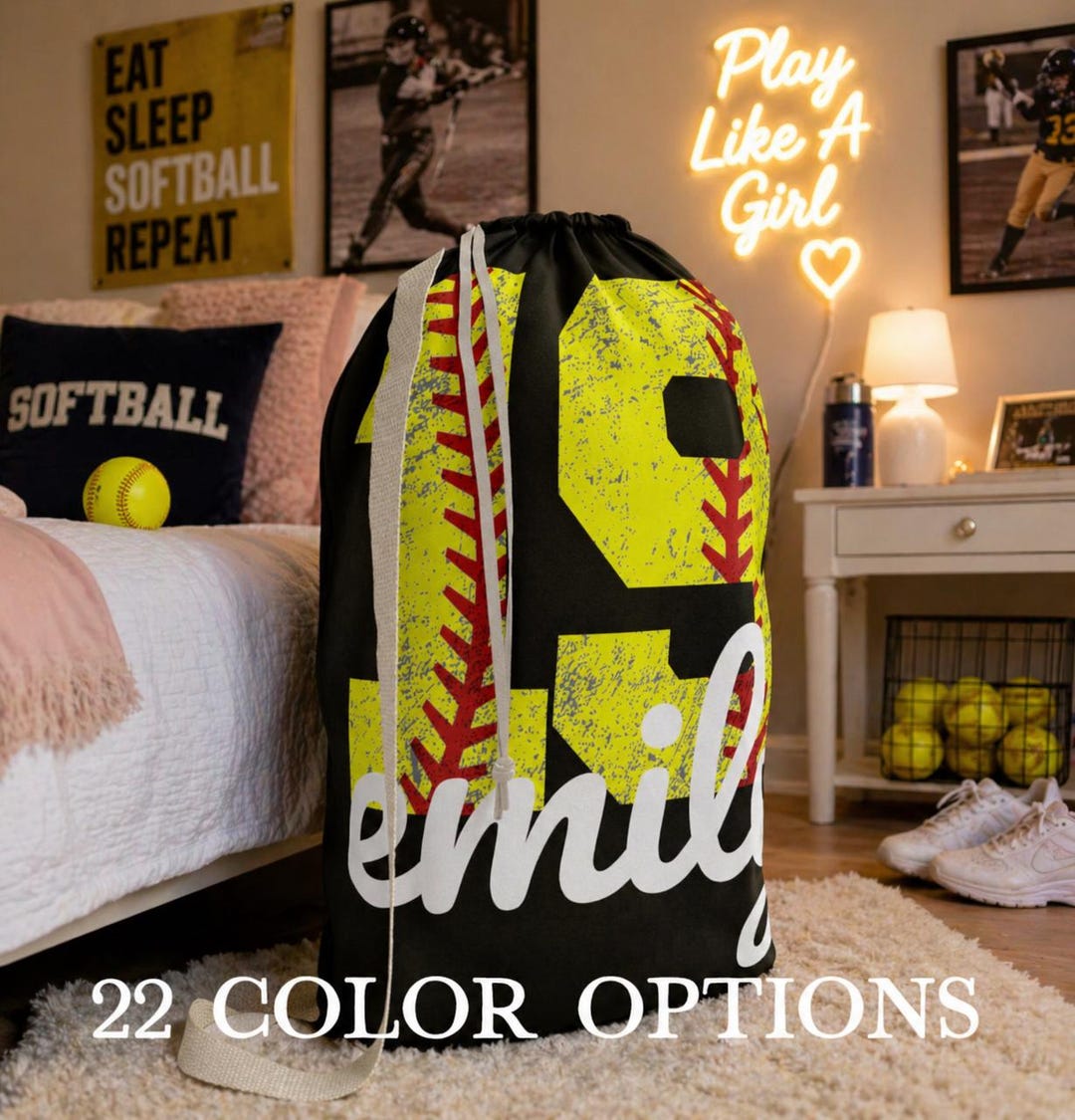 Softball Laundry Bag | Custom Number Team Player Hamper Bags | Travel ...