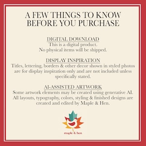 May include: A square informational graphic with a red border and cream background. The text reads: A FEW THINGS TO KNOW BEFORE YOU PURCHASE, DIGITAL DOWNLOAD, DISPLAY INSPIRATION, and AI-ASSISTED ARTWORK. A maple leaf and bird logo is at the bottom.