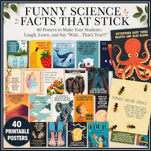 May include: A collection of 40 educational posters titled Funny Science Facts That Stick, featuring colorful illustrations and text about animals, space, and nature. Each poster displays a unique scientific fact, such as honey never spoils.
