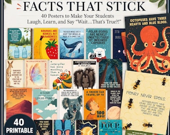 Può includere: Una collezione di 40 poster educativi intitolati Funny Science Facts That Stick. Ogni poster presenta illustrazioni colorate e curiosità scientifiche uniche, come fatti su polpi, miele, balene e anatomia umana, pensati per l'apprendimento.