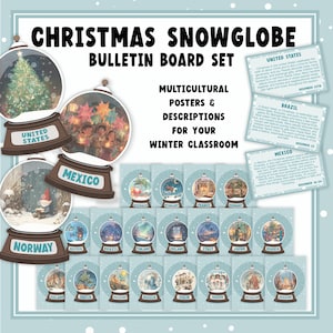 Puede incluir: Un conjunto de tablones de anuncios con temática navideña que presenta globos de nieve con varios temas de países. El conjunto incluye carteles y descripciones para un aula de invierno. El título dice "Christmas Snowglobe Bulletin Board Set."