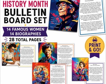 May include: A Women's History Month bulletin board set featuring 28 pages with 14 biographies of famous women. The set includes colorful portraits of figures like Grace Hopper, Katherine Johnson, and Eleanor Roosevelt, alongside printed text.