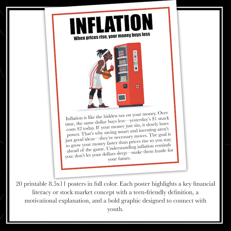 May include: A rectangular poster titled INFLATION with the subtitle When prices rise, your money buys less. It features a basketball player at a red vending machine and text explaining inflation as a hidden tax on money, measuring 8.5x11 inches.
