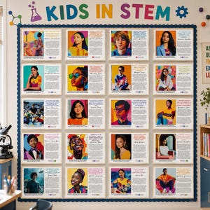 May include: A bulletin board with multiple framed portraits of diverse individuals, each accompanied by text. The board is decorated with the words "KIDS IN STEM" in colorful letters. A sign reads "ASK, QUESTION, THINK, EXPERIMENT, LEARN."