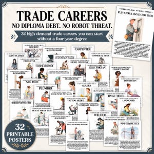 Könnte beinhalten: Eine Sammlung von 32 druckbaren Postern mit dem Titel Trade Careers: No Diploma Debt. No Robot Threat. Jedes Poster zeigt einen bestimmten Beruf, wie Baumpfleger, Automechaniker, Tischler oder Schweißer, mit erklärendem Text und Illustrationen.