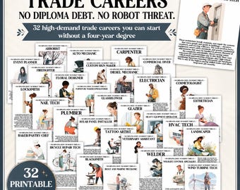 Trade School Careers Bulletin Board Poster Set | 32 No-Degree Future-Proof Jobs Classroom Decor | High-Pay Trade School Career Job Vocations
