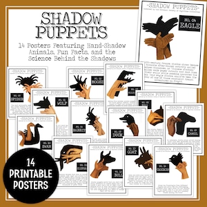 Puede incluir: Un conjunto de 14 carteles imprimibles con animales de sombras de manos, datos curiosos y la ciencia detrás de las sombras. Cada cartel muestra una marioneta de sombra de animal diferente.