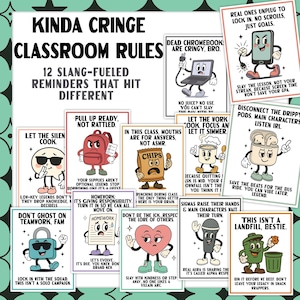 Funny Classroom Rules Poster Set | Gen Alpha Slang Decor for Middle School | Retro Cringe Classroom Management Signs for Teens | Gen Z Rules
