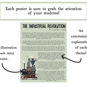 May include: A colorful illustrated poster with a steam engine and text that reads "The Industrial Revolution when Europe became a machine". The poster explains the Industrial Revolution with a fun and engaging narrative.