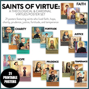 以下が含まれることがあります： 「Saints of Virtue: A Theological & Cardinal Virtues Poster Set」と題された21枚の印刷可能なポスターセット。信仰、希望、愛、賢明、正義、不屈、節制を象徴する聖人たちが描かれたイラストコレクションです。
