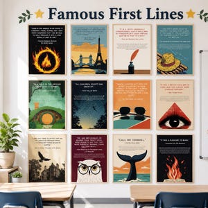 May include: A wall display titled Famous First Lines featuring twelve rectangular posters. Each poster showcases a famous literary quote with a corresponding graphic illustration, including images of a fire, the Eiffel Tower, an owl, and a whale tail.