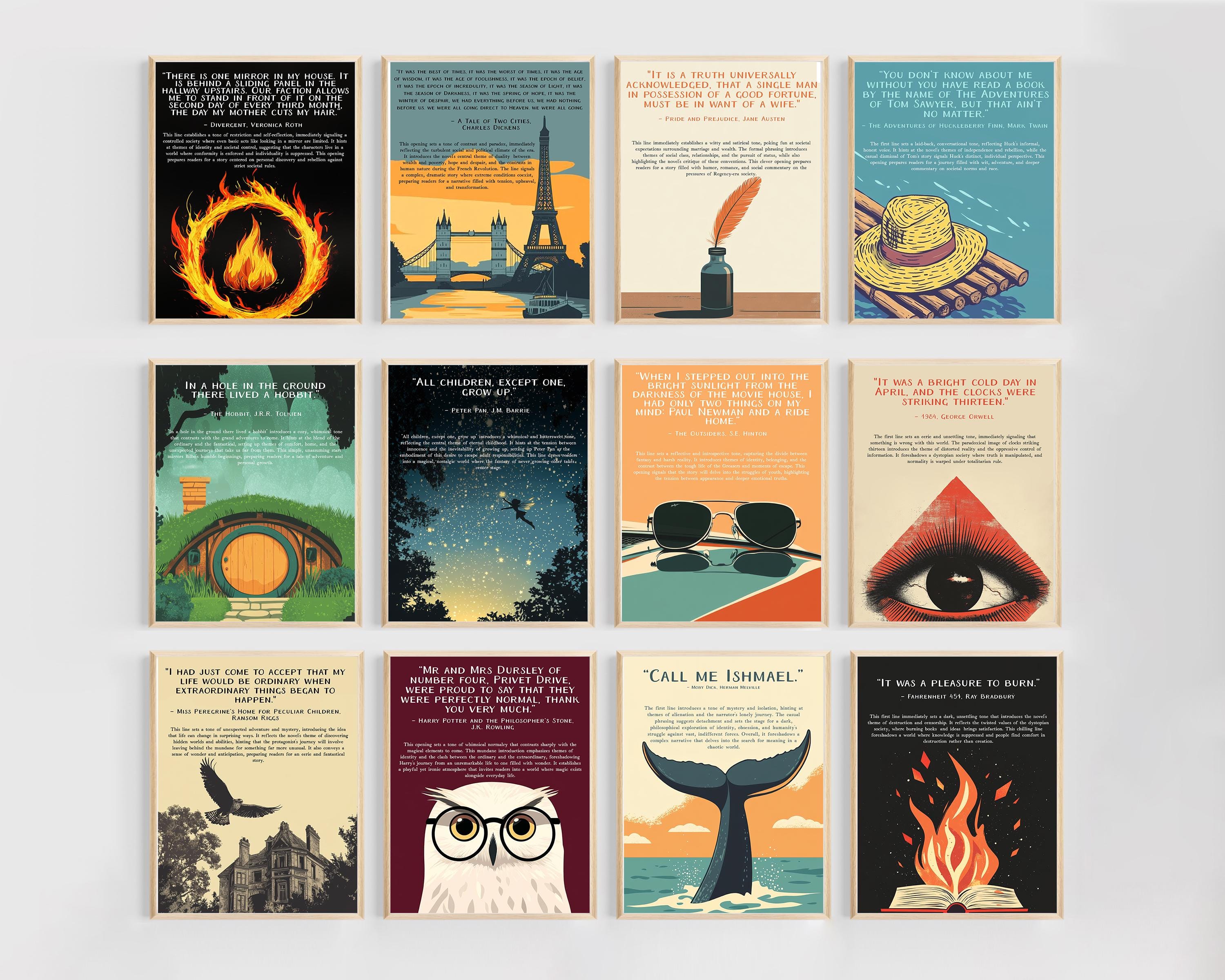 YA Novel Poster Set | Literature Classroom Decor | ELA Teacher Bulletin Board Printable | English Lit Wall Art for Teachers | First Lines