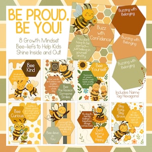 Peut inclure: Une affiche éducative colorée avec le texte "BE PROUD. BE YOU !" et "8 Growth Mindset Bee-liefs to Help Kids Shine Inside and Out !" avec des abeilles de dessins animés et des phrases motivantes comme "Bee Kind" et "Bee Yourself".