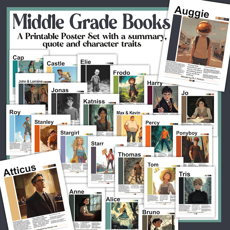 Puede incluir: Un conjunto de carteles imprimibles con personajes de libros de grado medio. Cada cartel incluye un resumen, una cita y los rasgos del personaje. Los carteles incluyen personajes como Auggie, Harry, Katniss y Atticus. El t&iacute;tulo "Middle Grade Books" est&aacute; en la parte superior.