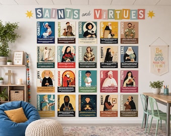 Set di poster sulle virtù dei santi cattolici / Poster per insegnanti di religione per la Quaresima / Stampe digitali per la Settimana Santa di Pasqua / Materiale stampabile per la bacheca a tema religioso