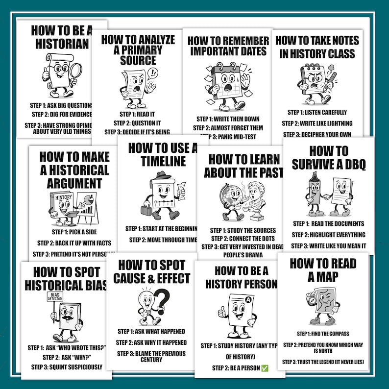 Pu&ograve; includere: Una serie di poster educativi con illustrazioni di cartoni animati e testo. Ogni poster fornisce passaggi su vari argomenti relativi alla storia, come l'analisi delle fonti e la presa di appunti. I poster sono disposti in formato griglia.