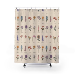 Illustrated Wildflower Shower Curtain | Hand Drawn Floral Chart Bathroom Decor | Wildflowers Bath Mat Curtains | Florals Trendy Graphic Gift