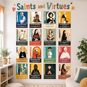 Set posters met de deugden van katholieke heiligen | Posters voor godsdienstlessen tijdens de vastentijd | Digitale prints voor Pasen en de Heilige Week | Printbaar prikbord met geloofsthema