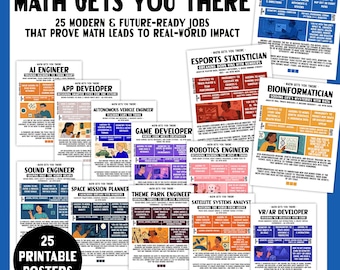 Math Careers Bulletin Board Posters | Jobs that Need Math Poster Set | Math Teacher Class Printable Decor | STEM Career | Middle High School