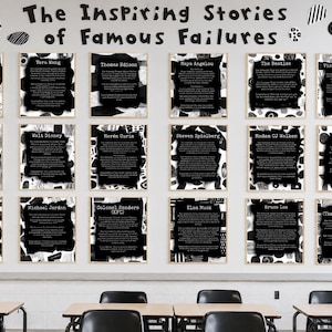 Op de afbeelding: Een wanddecoratie in een klaslokaal met de titel The Inspiring Stories of Famous Failures, bestaande uit achttien individuele zwart-wit posters. Elke poster bevat een naam en een korte biografie tegen een achtergrond van abstracte patronen.