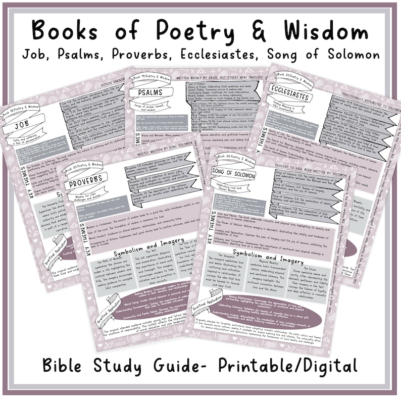 May include: A printable Bible study guide for the books of Job, Psalms, Proverbs, Ecclesiastes, and Song of Solomon. The guide features key themes, symbolism, and imagery for each book.